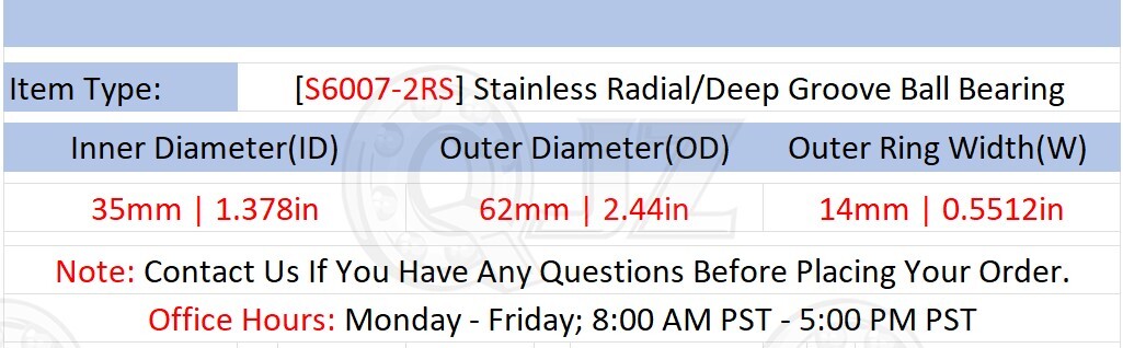 [Qty.8] New S6007-2RS Stainless Deep Groove Bearing [35mm ID x 62mm OD x 14mm W]