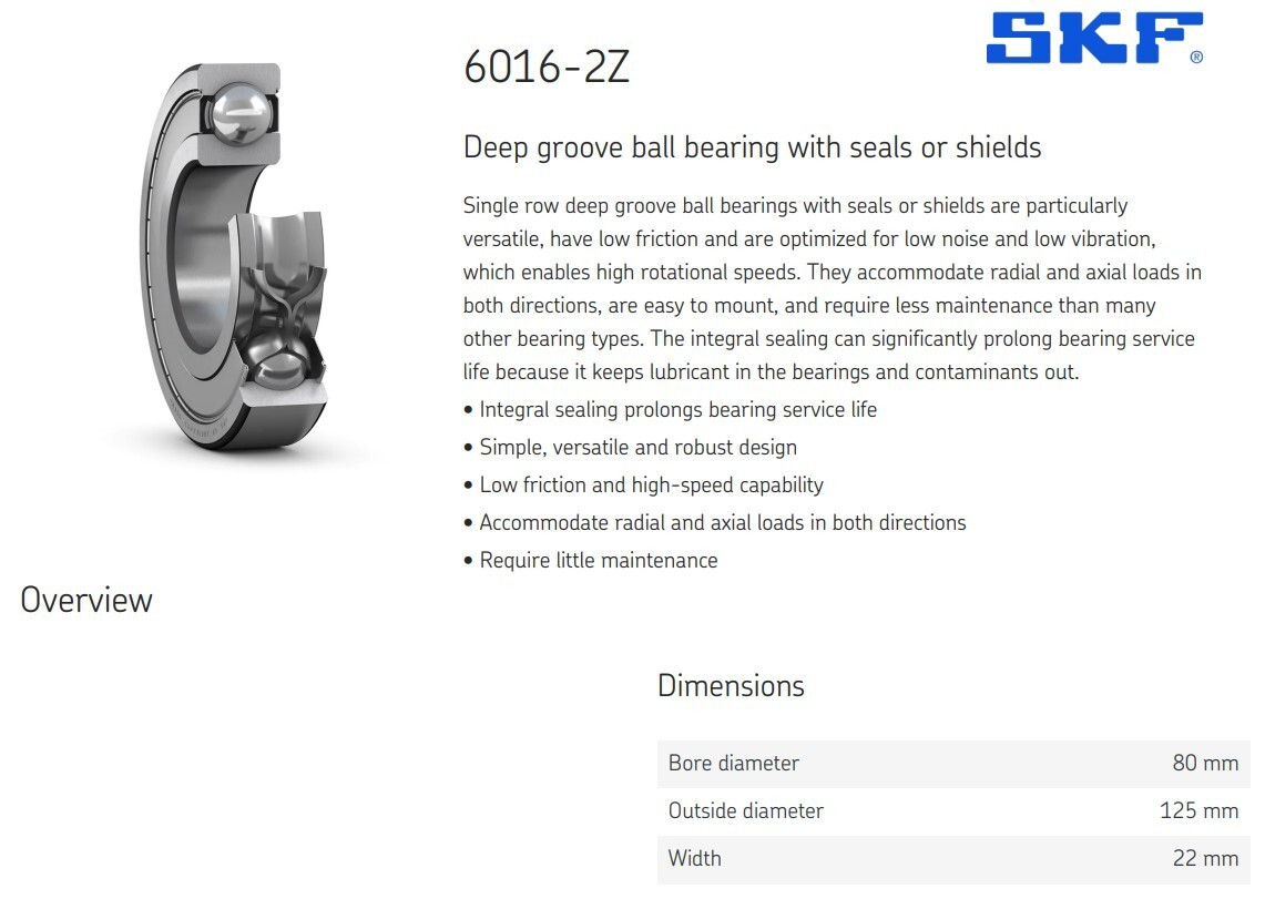 One (1) SKF 6016 2ZJEM Deep Groove Bearing 80MM ID USA NEW