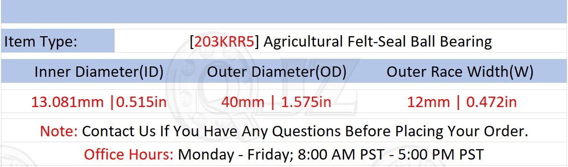 [Qty.8] 203KRR5 Agricultural Felt-Seal Bearing [0.515″ Bore x 40mm OD x 12mm W]