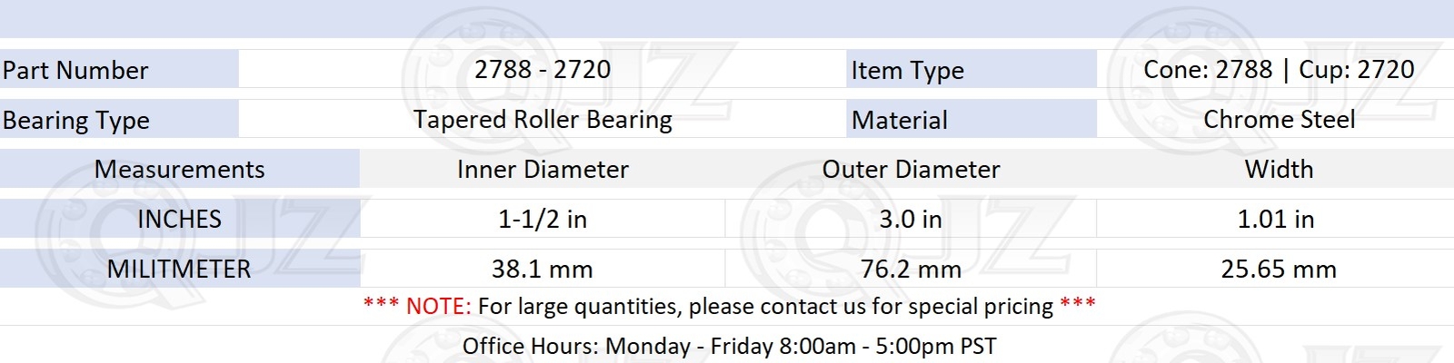 [2-Pack] 2788-2720 Tapered Roller Bearing Set 1-1/2″ x 3.0″ x 1.01″ (IDxODxW)
