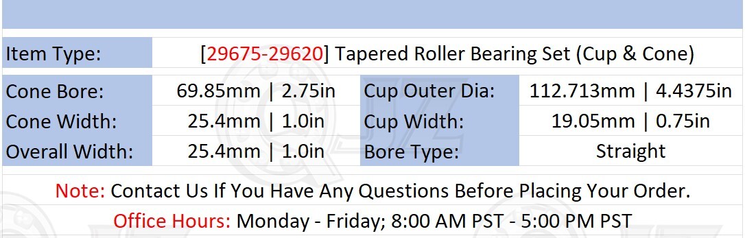 [Qty.1] 29675-29620 Tapered Roller Bearing Set Cup & Cone [2-3/4in ID x 1.0in W]