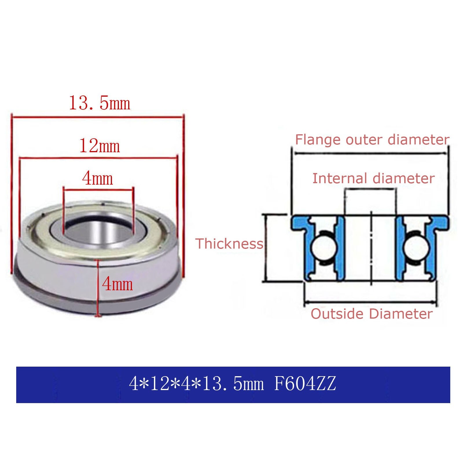 2pcs Mute sound wear-resistant 4x12x4x13.5mm F604ZZ Flanged ball bearing