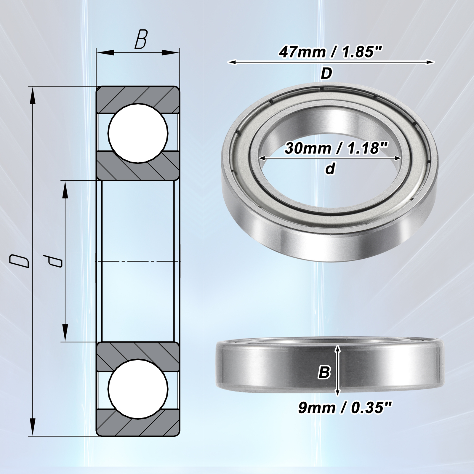 TWO 30x47x9mm Double Metal Shield 6906ZZ Row Deep Groove Ball Bearings Universal