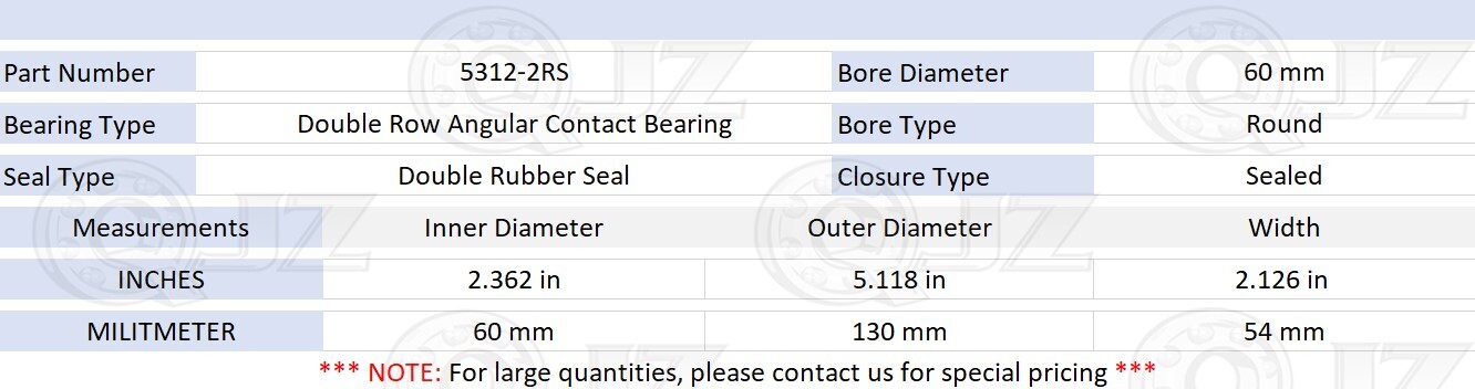[Qty.2] 5312-2RS Angular Contact Ball Bearing [60 mm ID x 130 mm OD x 54 mm W]