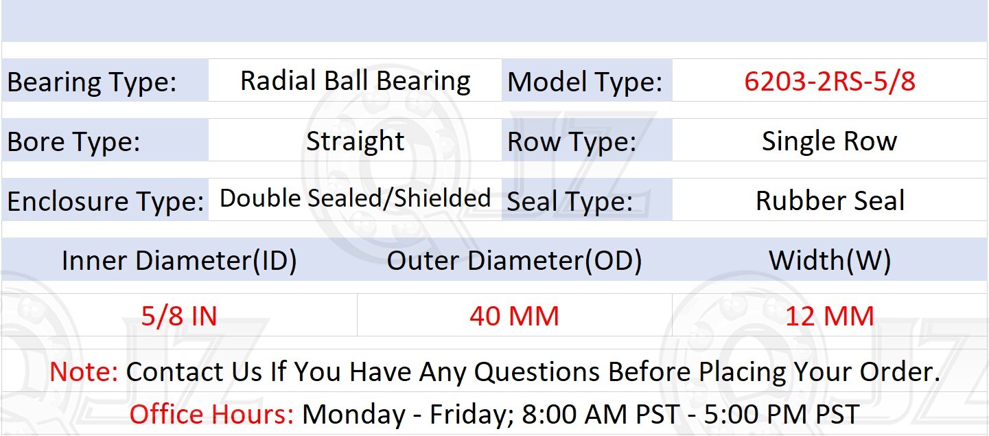 [Qty.100] 6203-2RS-5/8 Deep Groove/Radial Bearing [5/8″ ID x 40mm OD x 12mm W]