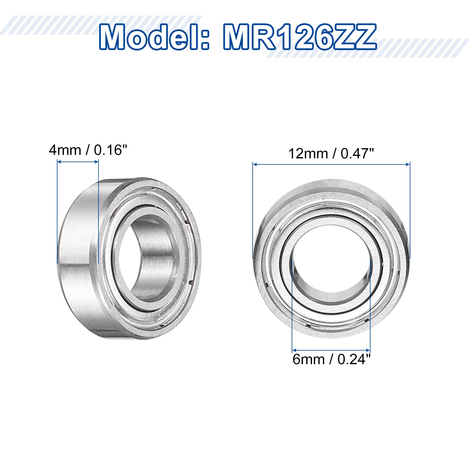 12Pcs MR126ZZ Deep Groove Ball Bearings, 6mm ID 12mm OD 4mm Width Bearing