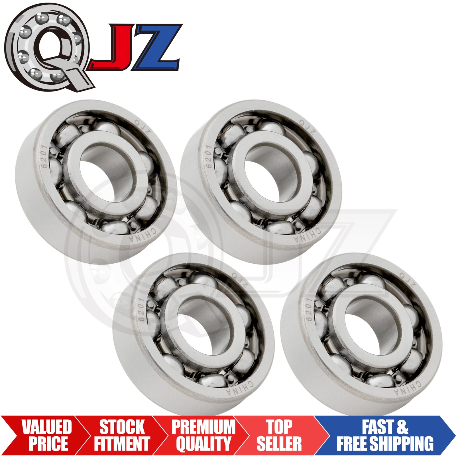 [Qty.4] 6201-OPEN Radial/Deep Groove Ball Bearing [12mm ID x 32mm OD x 10mm W]