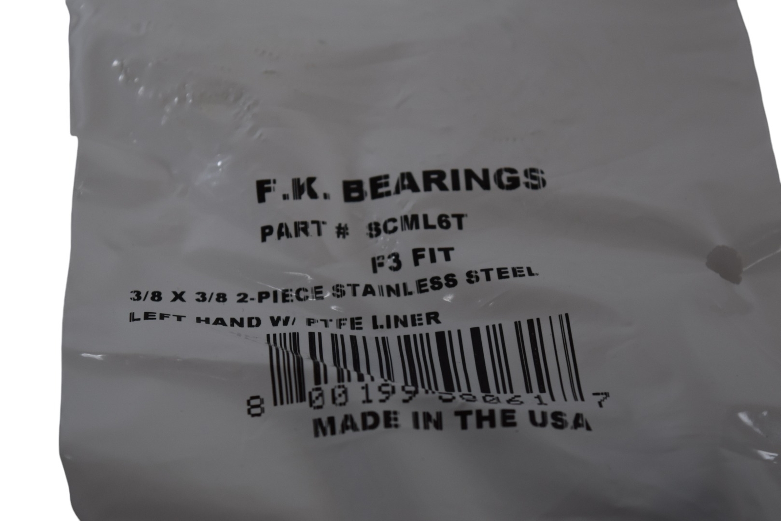 NEW F.K. Bearings 8CML6T 3/8” x 3/8” 2-Piece Stainless Steel Left Hand W/ PTFE