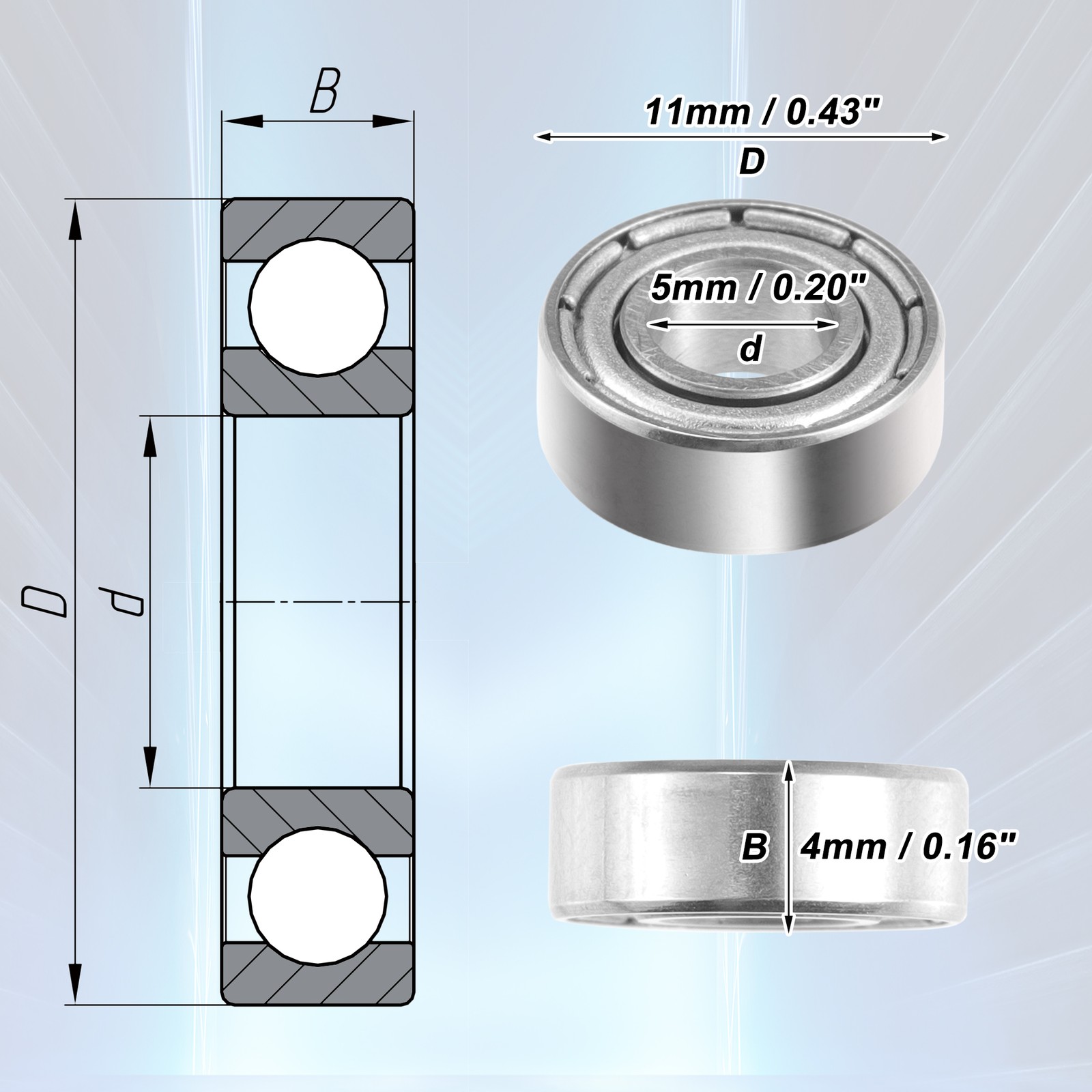 10 Pcs 5x11x4mm Double Metal Shield MR115ZZ Car Deep Groove Ball Bearings