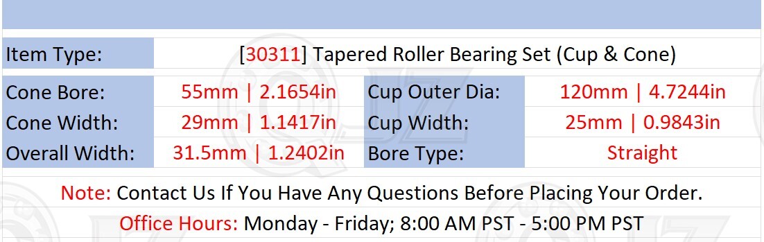 [Qty.2] 30311 Tapered Roller Bearing Cup & Cone [55mm ID x 120mm OD x 31.5mm W]