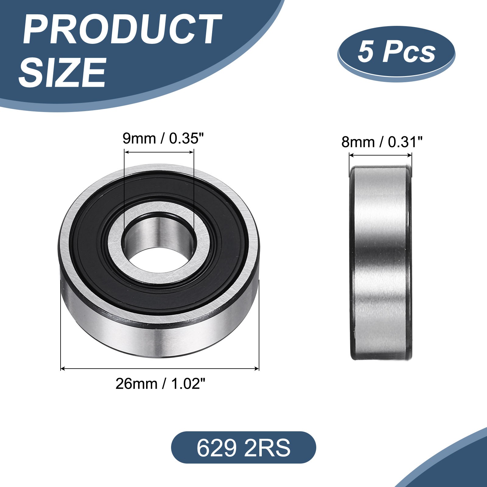 5 Pack 9 x 26 x 8mm 629 2RS Deep Groove Ball Bearing Double Seal ABEC5 Bearing