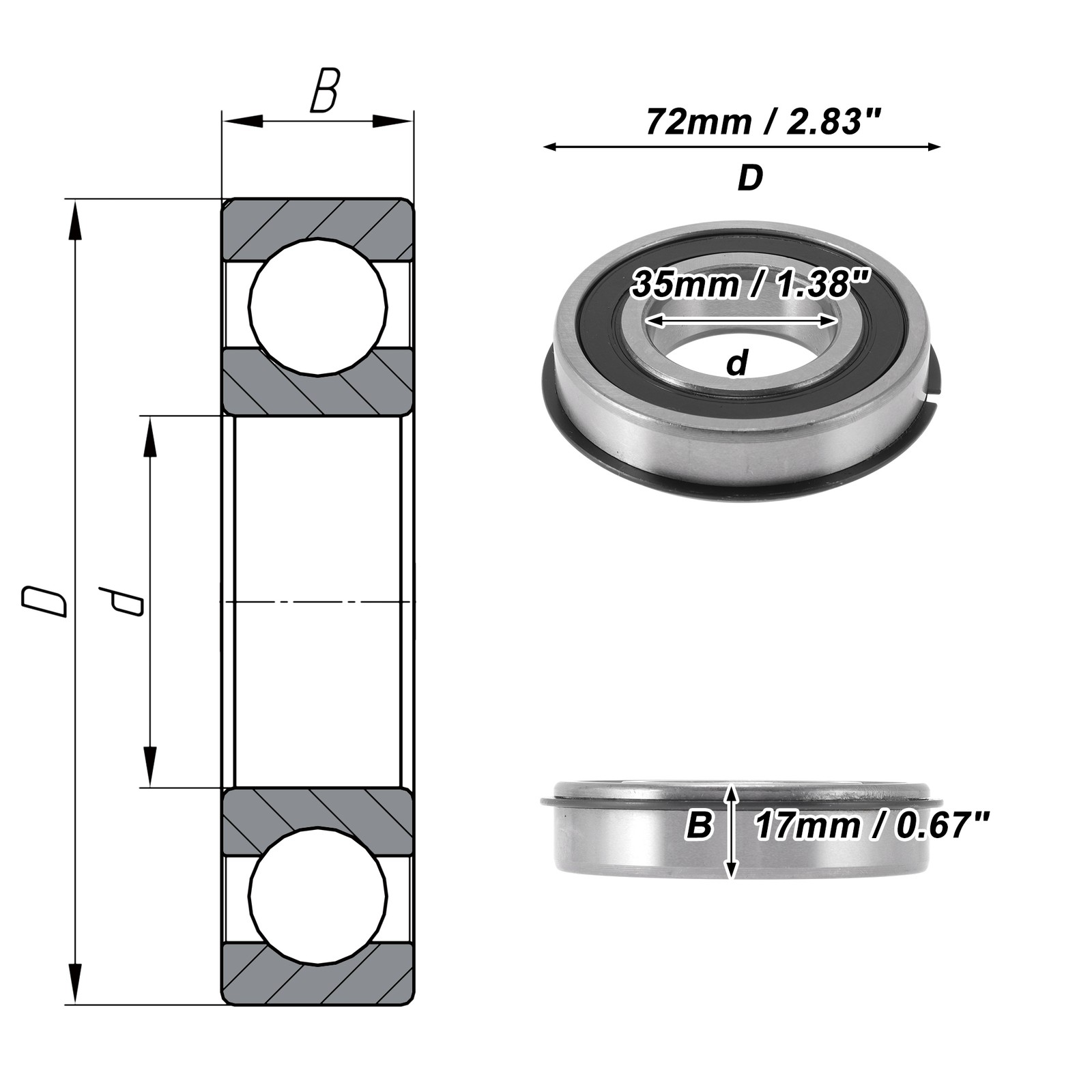 6207NR2RS Deep Groove Ball Bearings 35x72x17mm Silver Tone Black