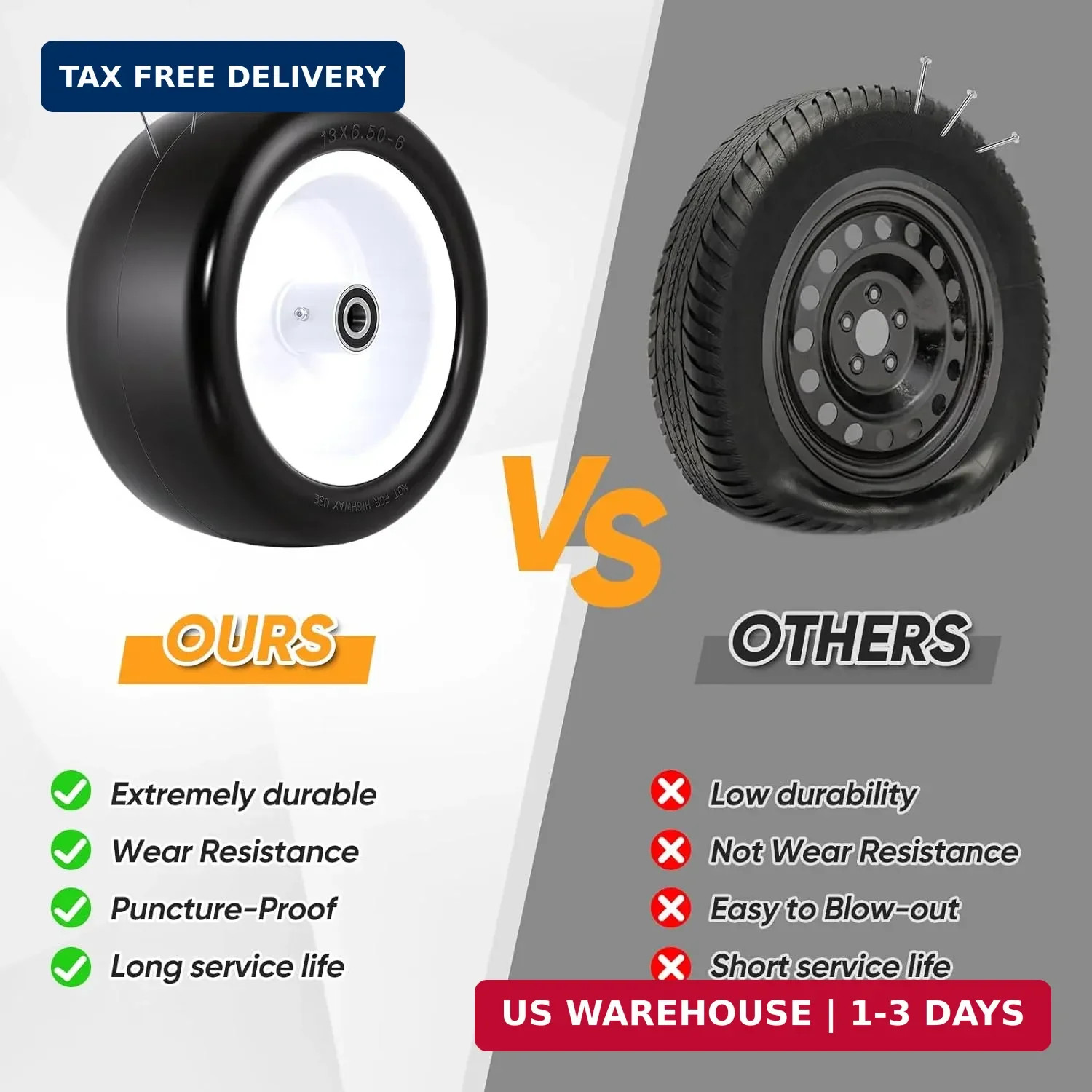 13×6.50-6 Flat Free Lawn Mower Tires and Wheels, 1/2″ 3/4″ 5/8″ Ball Bearings, 1