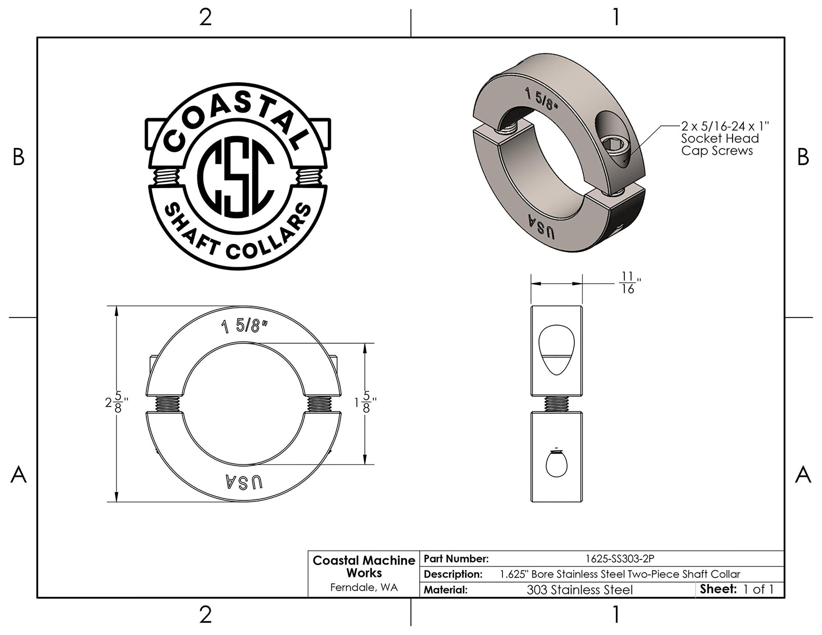 1.625″ Bore Diameter – Clamping Two Piece Shaft Collar – 303 Stainless Steel …