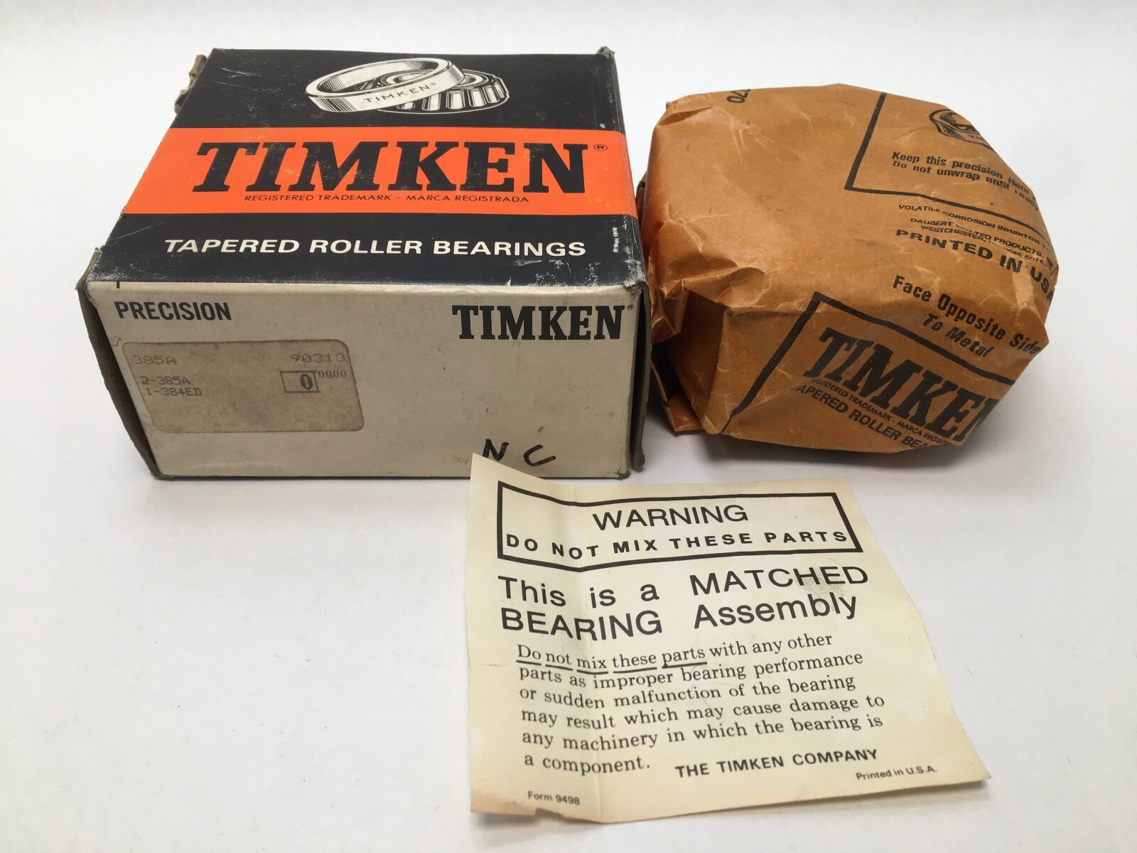 Timken 385A-90313 Double Taper Roller Bearing Cone & Cup 2″ ID 3-15/16″ OD USA