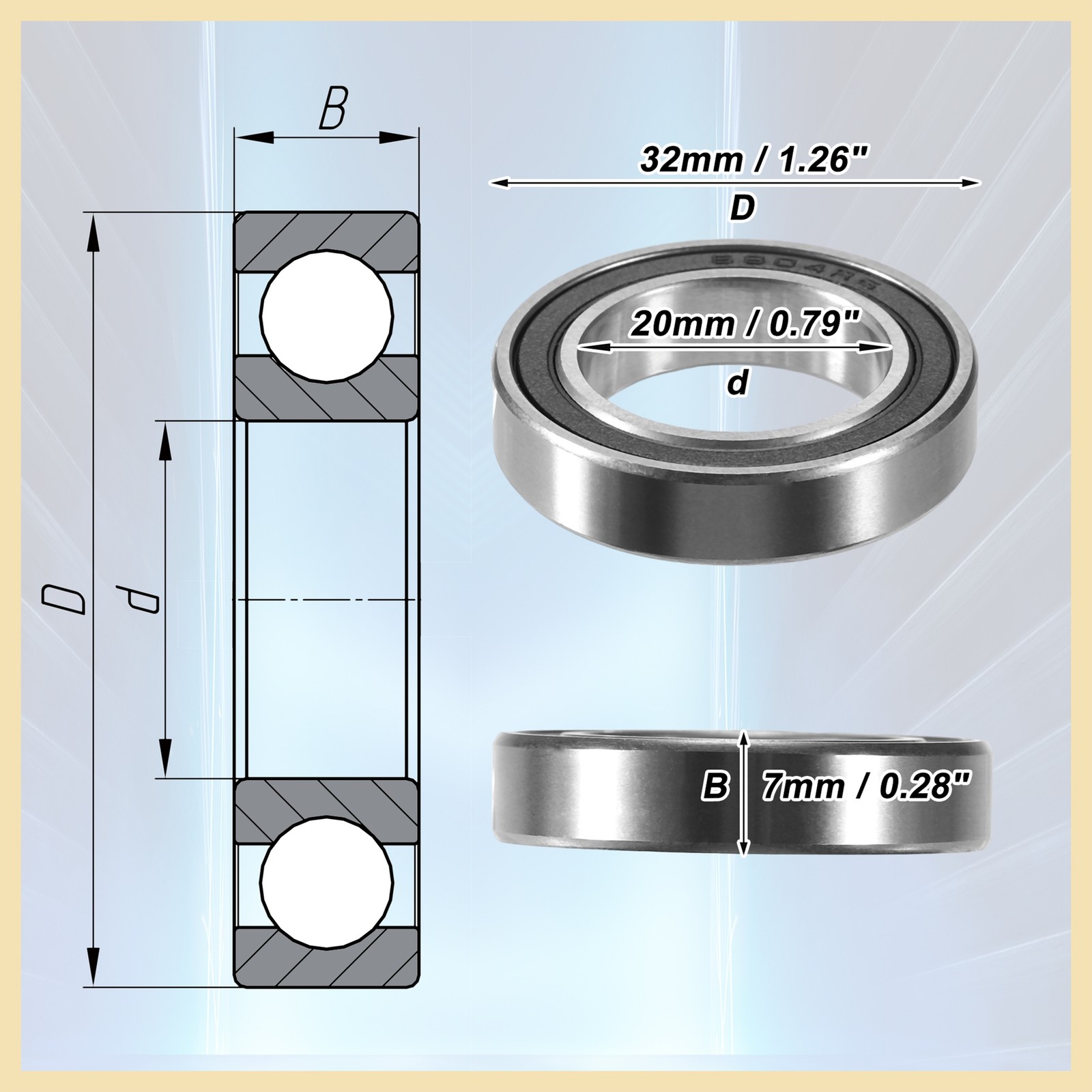 2Pcs 6804-2RS 20x32x7mm Double Rubber Shield Auto Deep Groove Ball Bearings