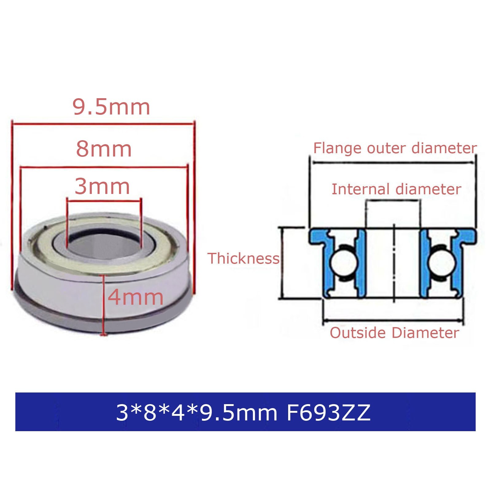 2pcs Mute sound wear-resistant 3x8x4x9.5mm F693ZZ Flanged ball bearing