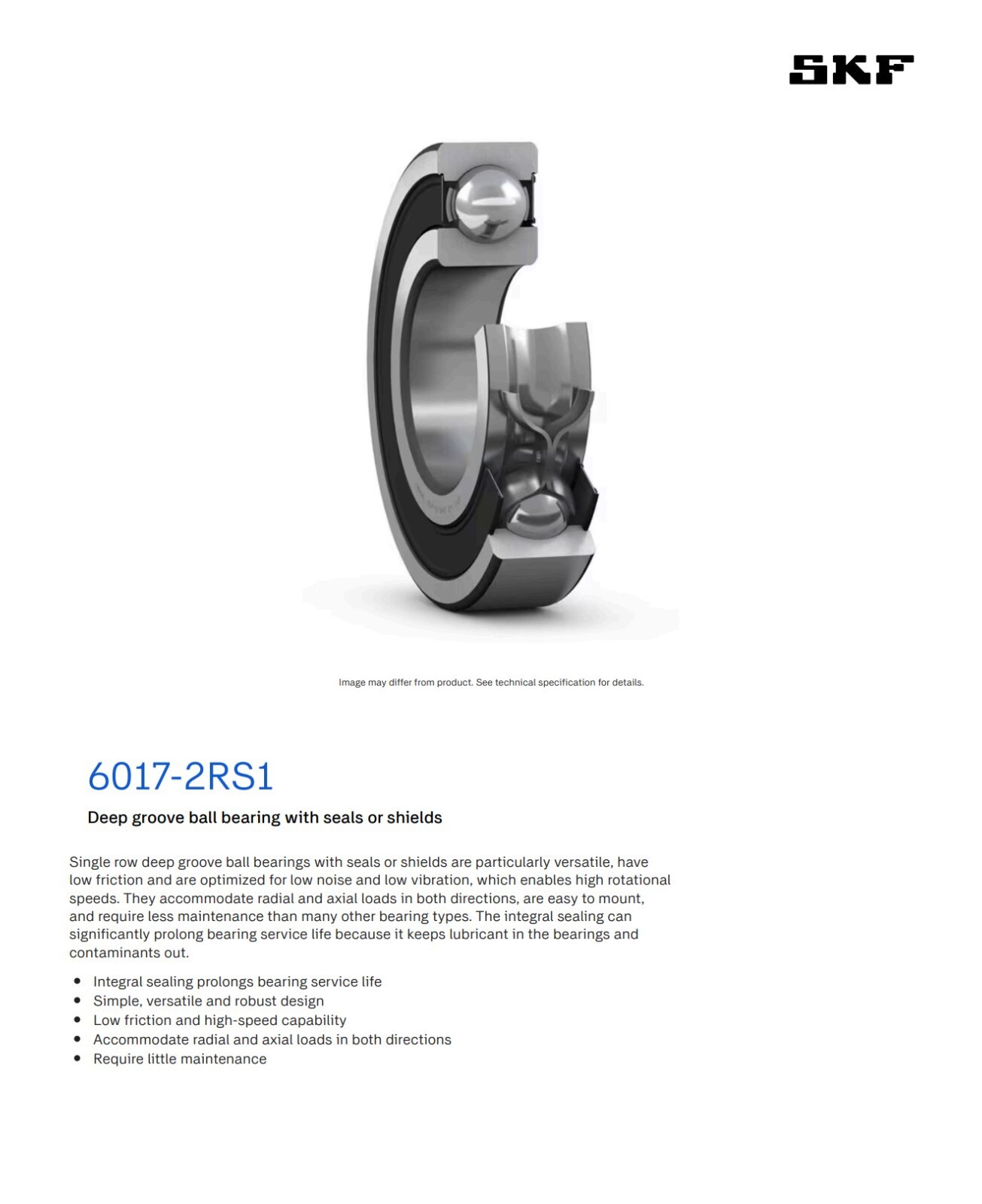 One (1) SKF 6017-2RS1/C3GJN Deep Groove Ball Bearing USA NEW