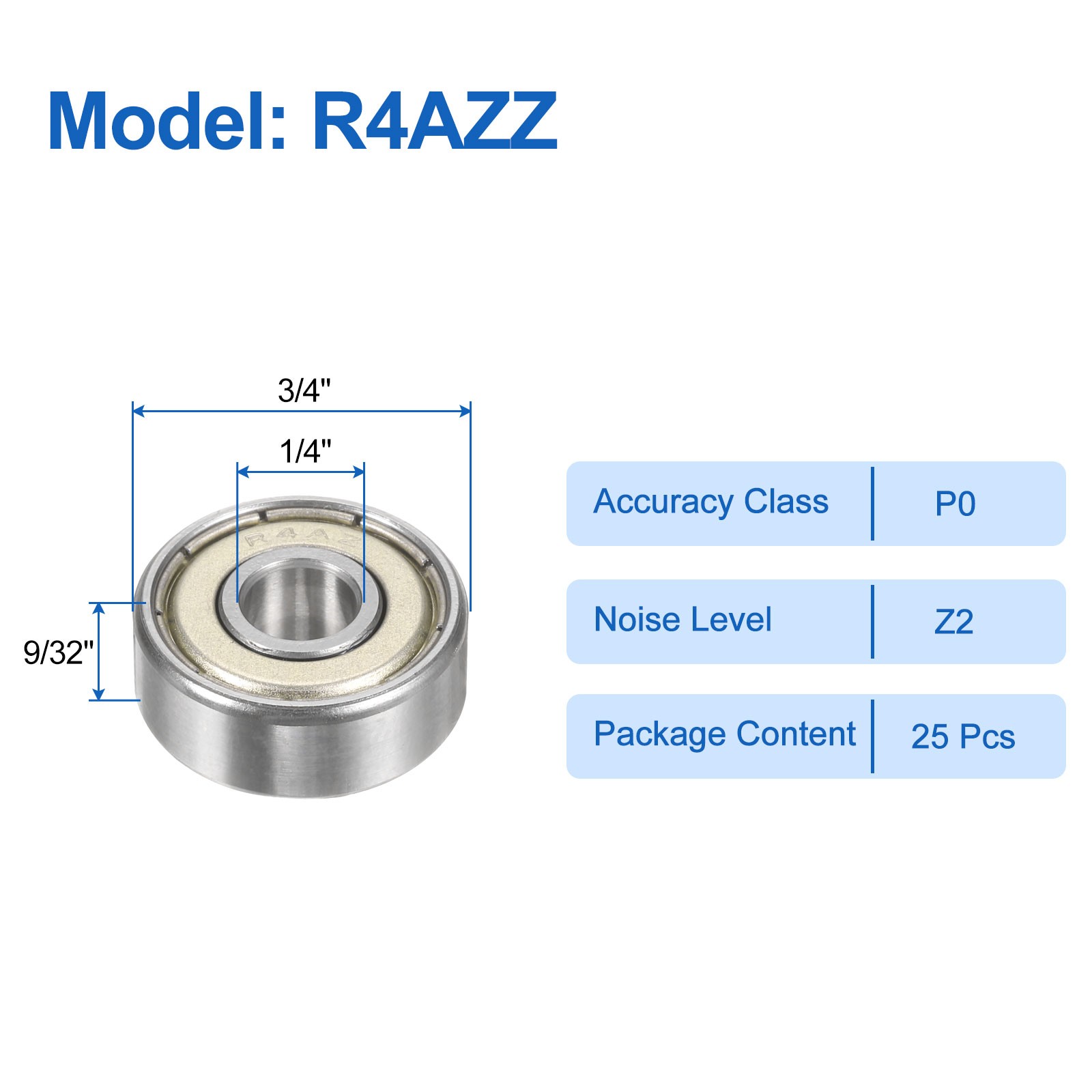 25pcs R4AZZ 1/4″ ID x 3/4″ OD x 9/32″ Height Z2 Ball Bearings Silver Tone