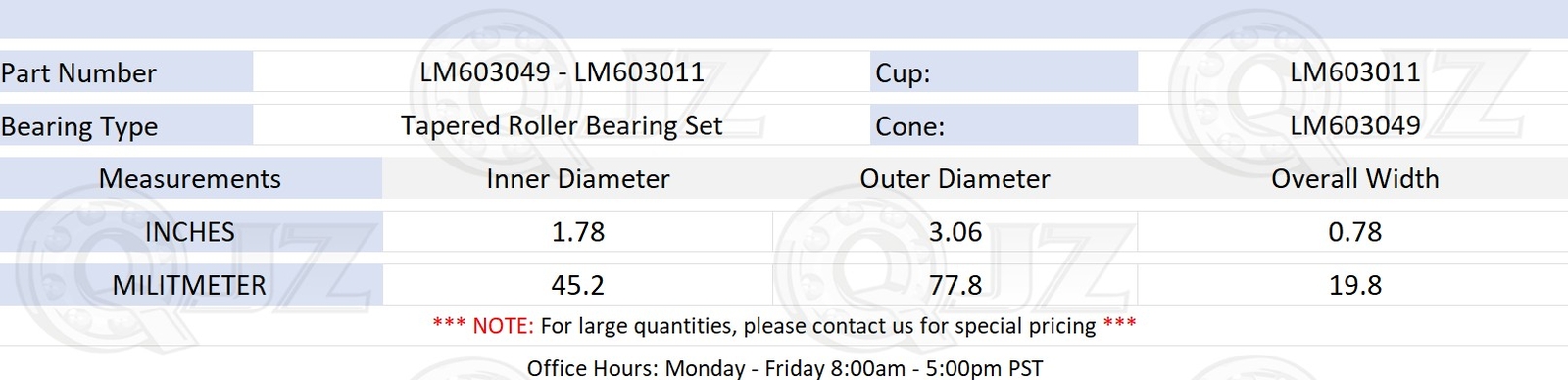 1x LM603049-LM603011 Tapered Roller Bearing QJZ Premium Free Shipping Cup & Cone
