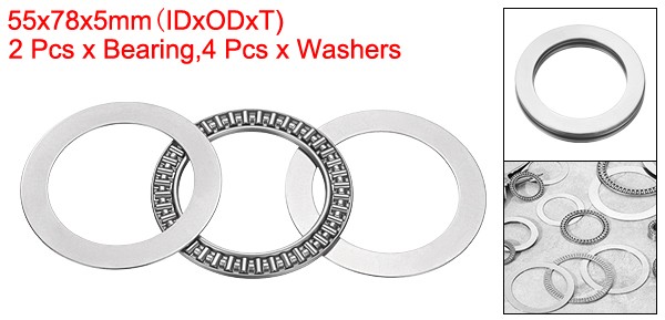 2 Pcs 55x78x5mm AXK5578 Chrome Steel Needle Roller Thrust Bearings w Washers