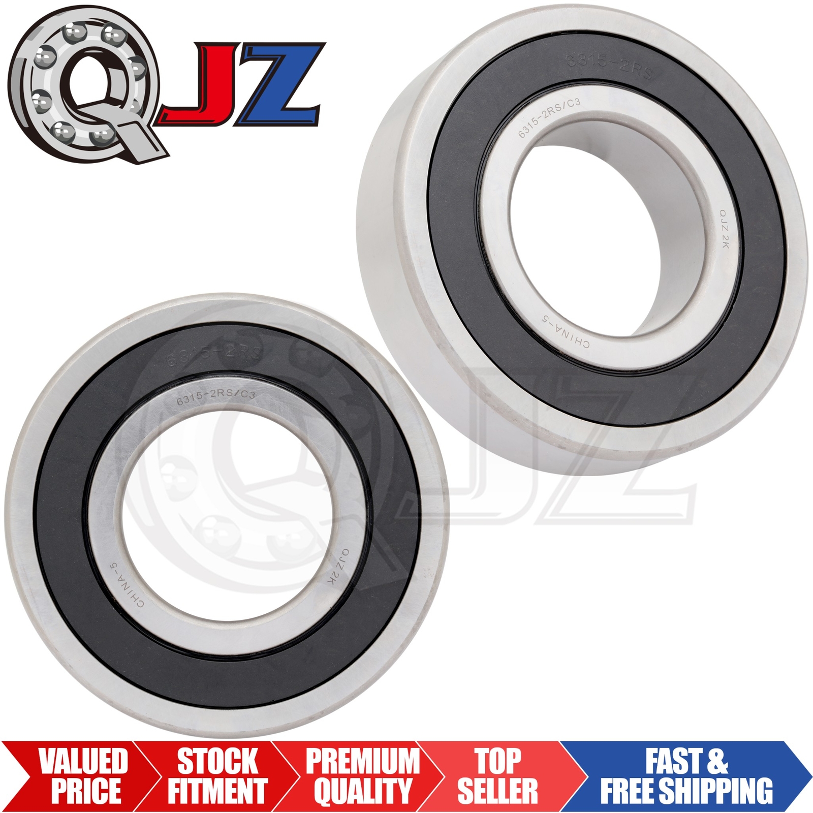 [Qty.2] 6315-2RS C3 New Radial/Deep Groove Bearing [75mm ID x 160mm OD x 37mm W]