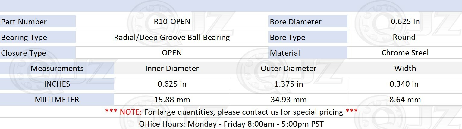 [2-Pack] R10-OPEN Radial/Deep Groove Ball Bearing 0.625in x 1.375in x 0.340in
