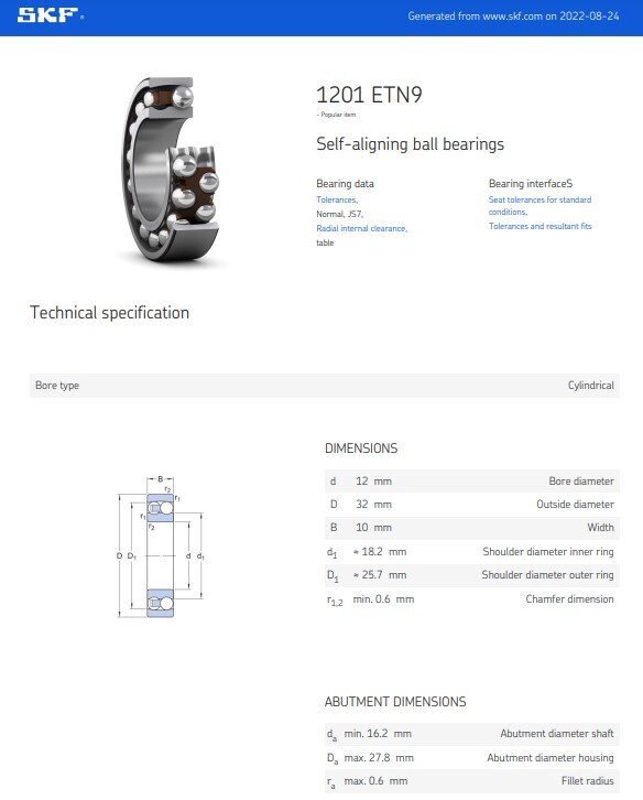 One (1) SKF 1201 ETN9 Self Aligning Bearing 12 MM Bore Sweden NEW