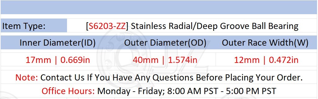 [Qty.4] S6203-ZZ Stainless Deep Groove Ball Bearing [17mm ID x 40mm OD x 12mm W]