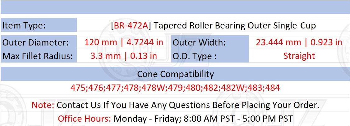 [Qty.2] 472A Tapered Roller Bearing Single-Cup/Race [120mm OD x 0.923 in Width]
