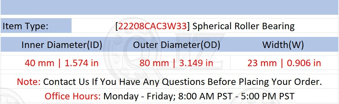 [(Qty.1)] 22208CAC3W33 Spherical Roller Bearing [40mm Bore x 80mm OD x 23mm W]
