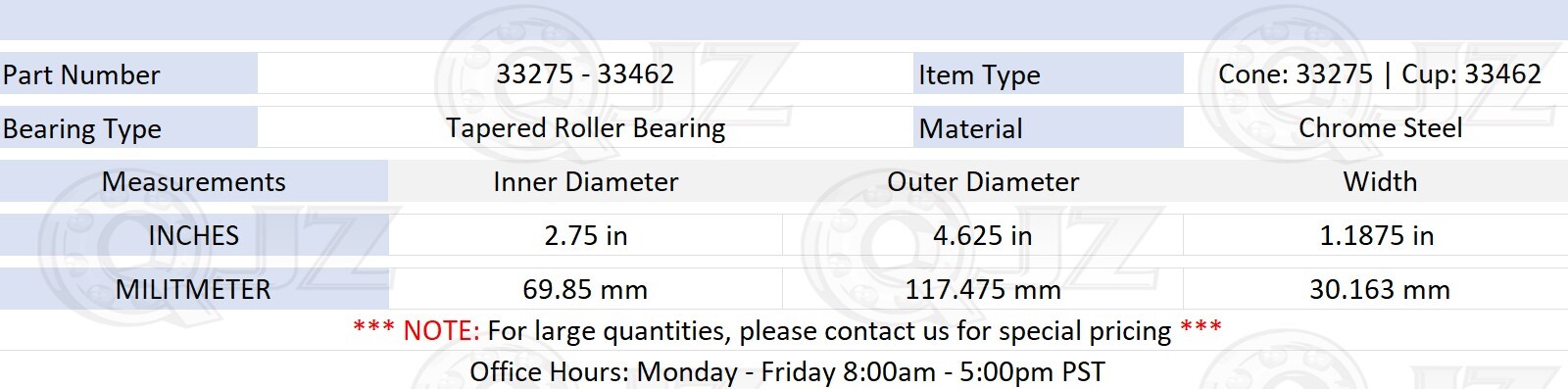 [1-Pack] 33275-33462 Tapered Roller Bearing 2.75″ x 4.625″ x 1.1875″ (IDxODxW)