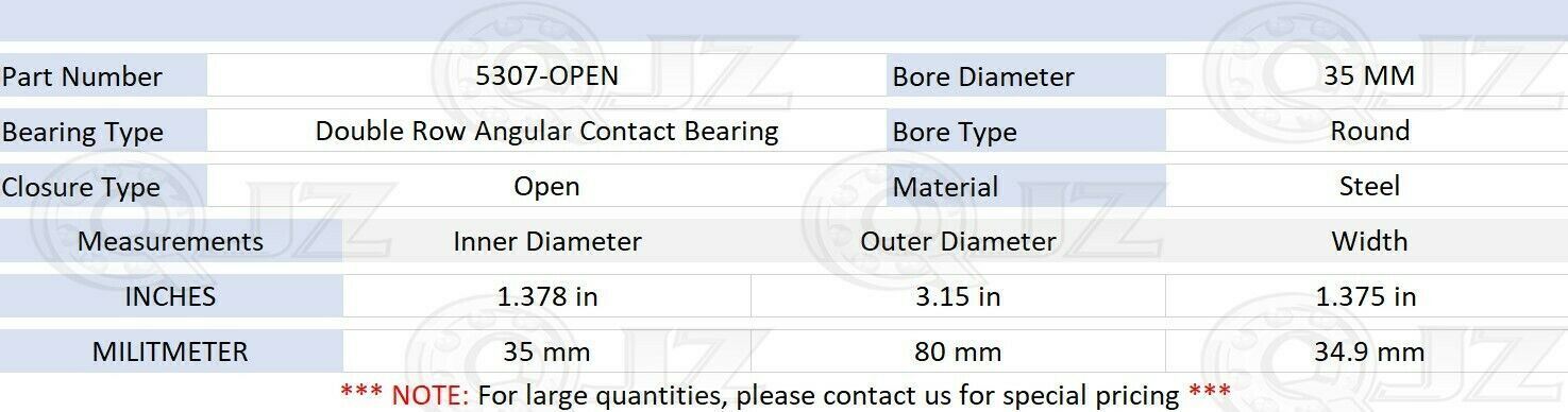 [Qty.1] 5307-OPEN Angular Contact Ball Bearing [35mm ID x 80mm OD x 34.9mm W]