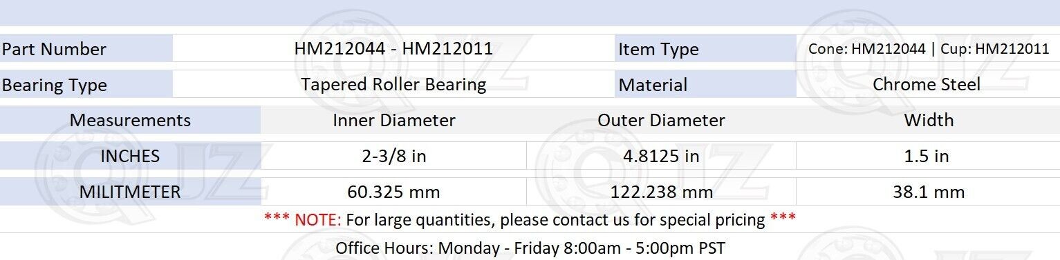 [2-Pack] HM212044-HM212011 Tapered Roller Bearing 2-3/8 in x 4.8125 in x 1.5 in