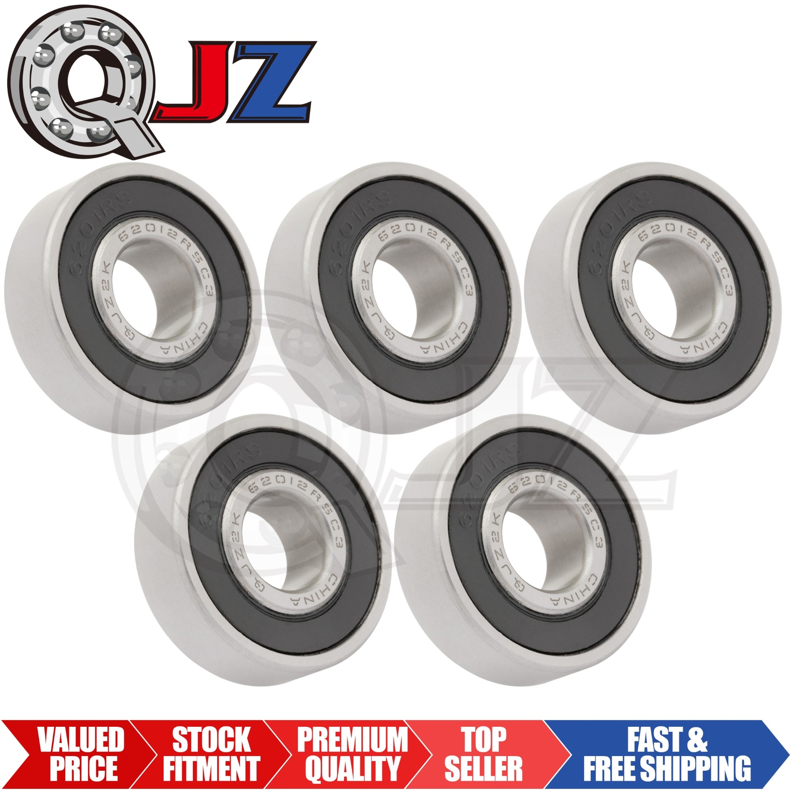 [Qty.5] 6201-2RS Deep Groove Radial Ball Bearing [12mm ID x 32mm OD x 10mm W]
