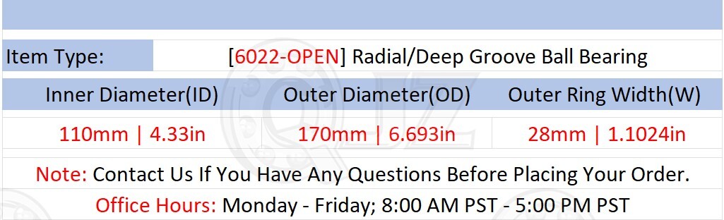 [Qty.10] New 6022-OPEN Radial Deep Groove Bearing [110mm ID x 170mm OD x 28mm W]