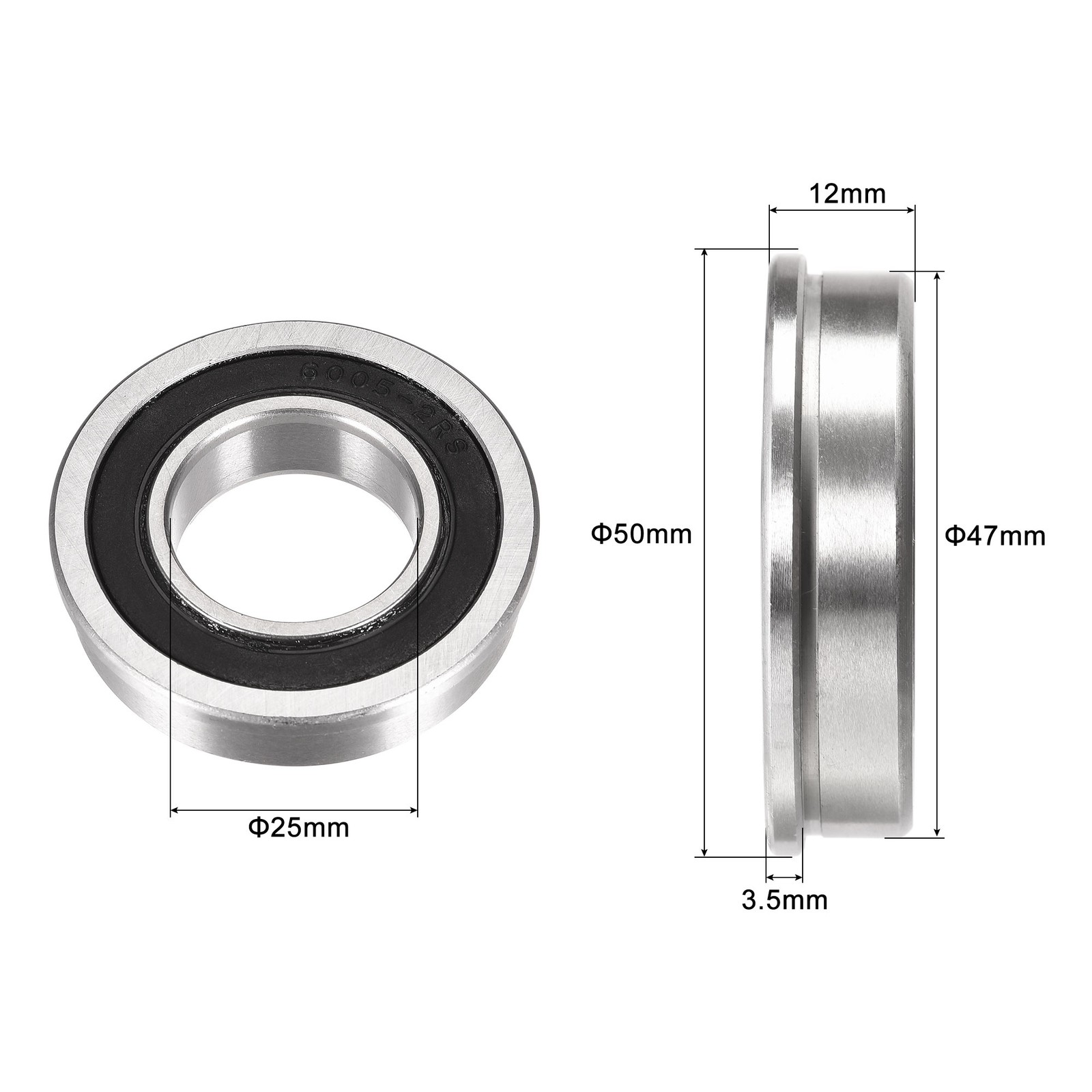 F6005-2RS Flange Ball Bearing 25x47x12mm Double Sealed Chrome Steel, 4pcs