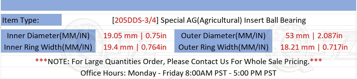[Qty.10] 205DDS-3/4 Special Ag Bearing Ball Bearing [3/4in Bore x 2.087in OD]