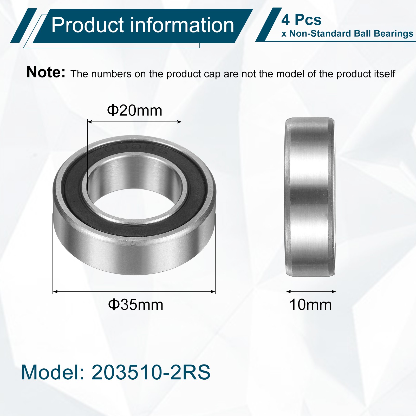 4pcs 203510-2RS Non-Standard Ball Bearings 20mm ID x 35mm OD x 10mm Thickness
