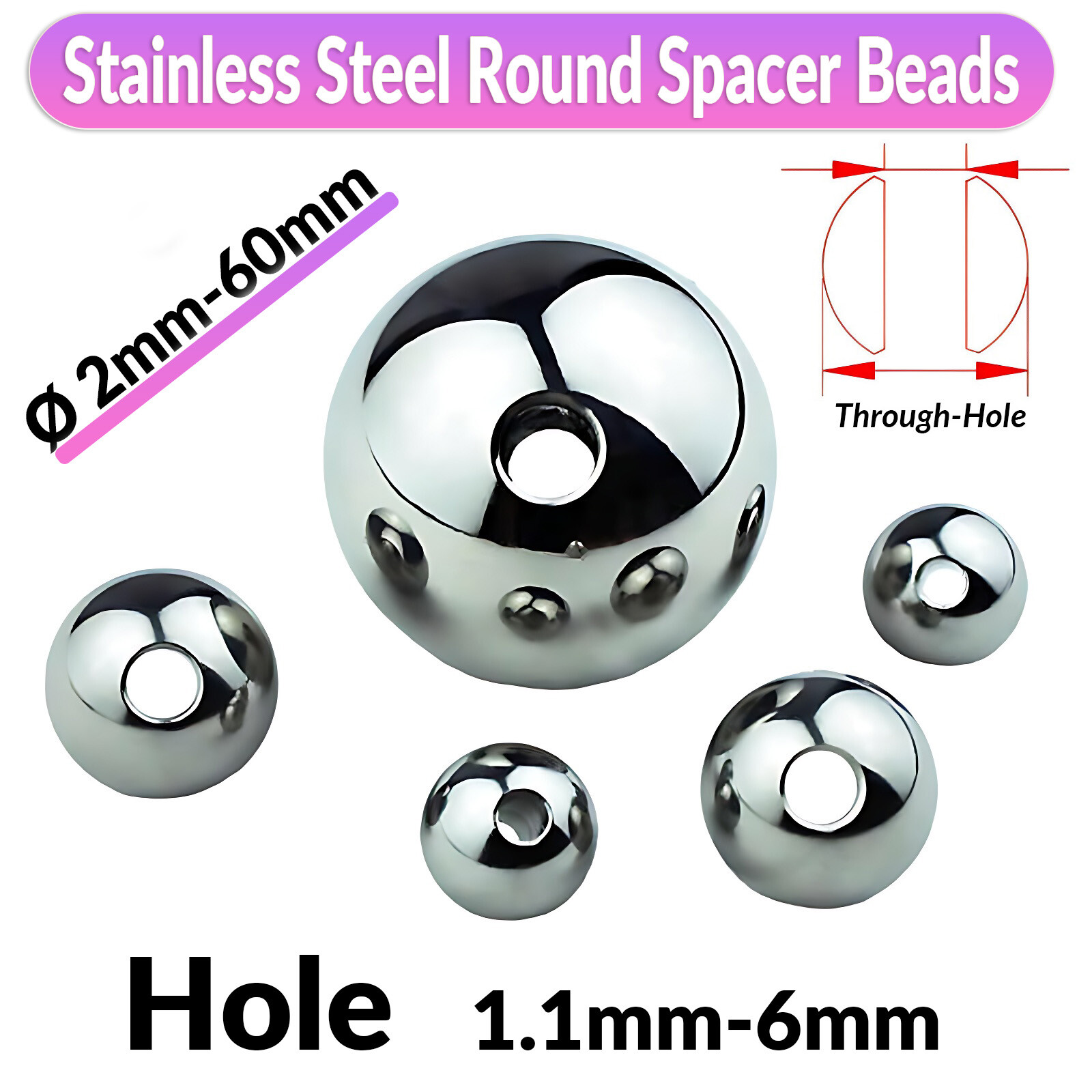 Ø 2mm-60mm Stainless Steel Silver Round Spacer Beads Jewelry Finding Loose Beads