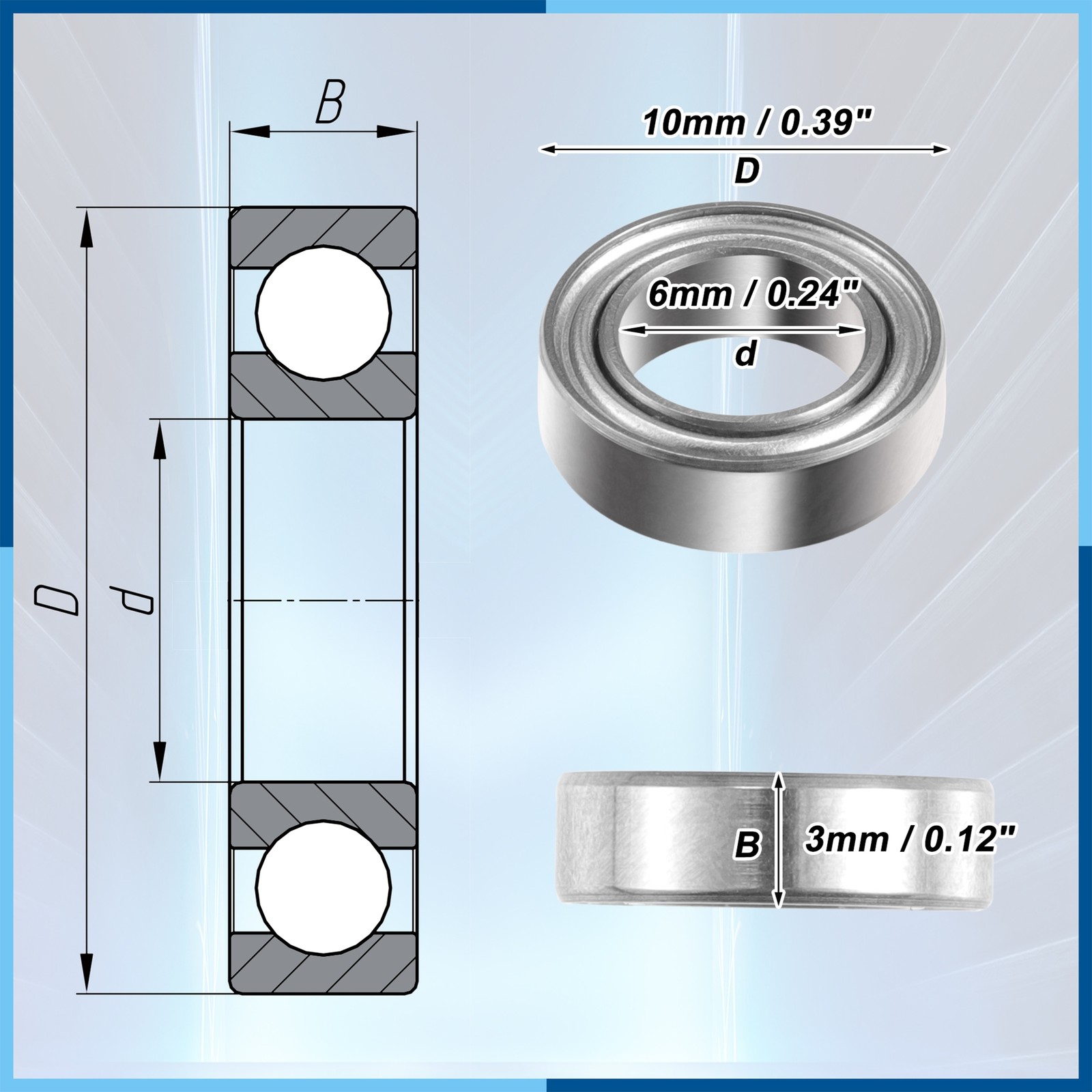 10Pcs 6x10x3mm Double Metal Shield MR106ZZ Car Deep Groove Ball Bearings