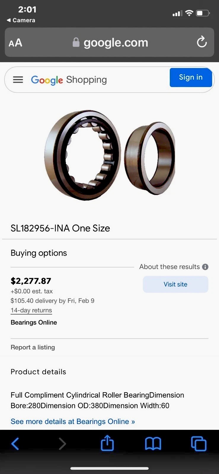 Industrial Bearing SL182956-B INA/Schaeffler Technologies 280 x 380 x 60 mm CYL.