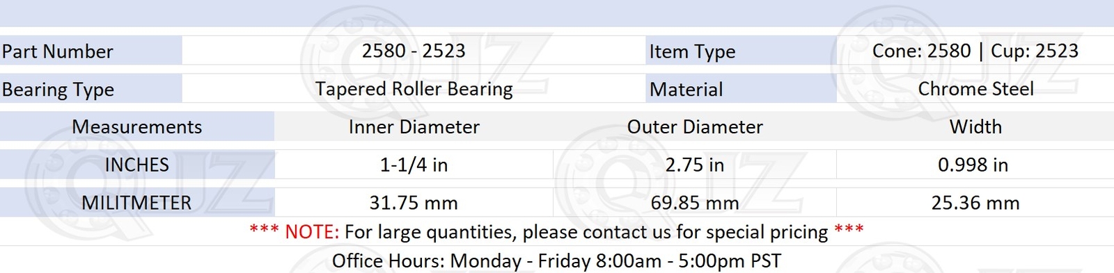 [1-Pack] 2580-2523 Tapered Roller Bearing Set 1-1/4″ x 2.75″ x 0.998″ (IDxODxW)