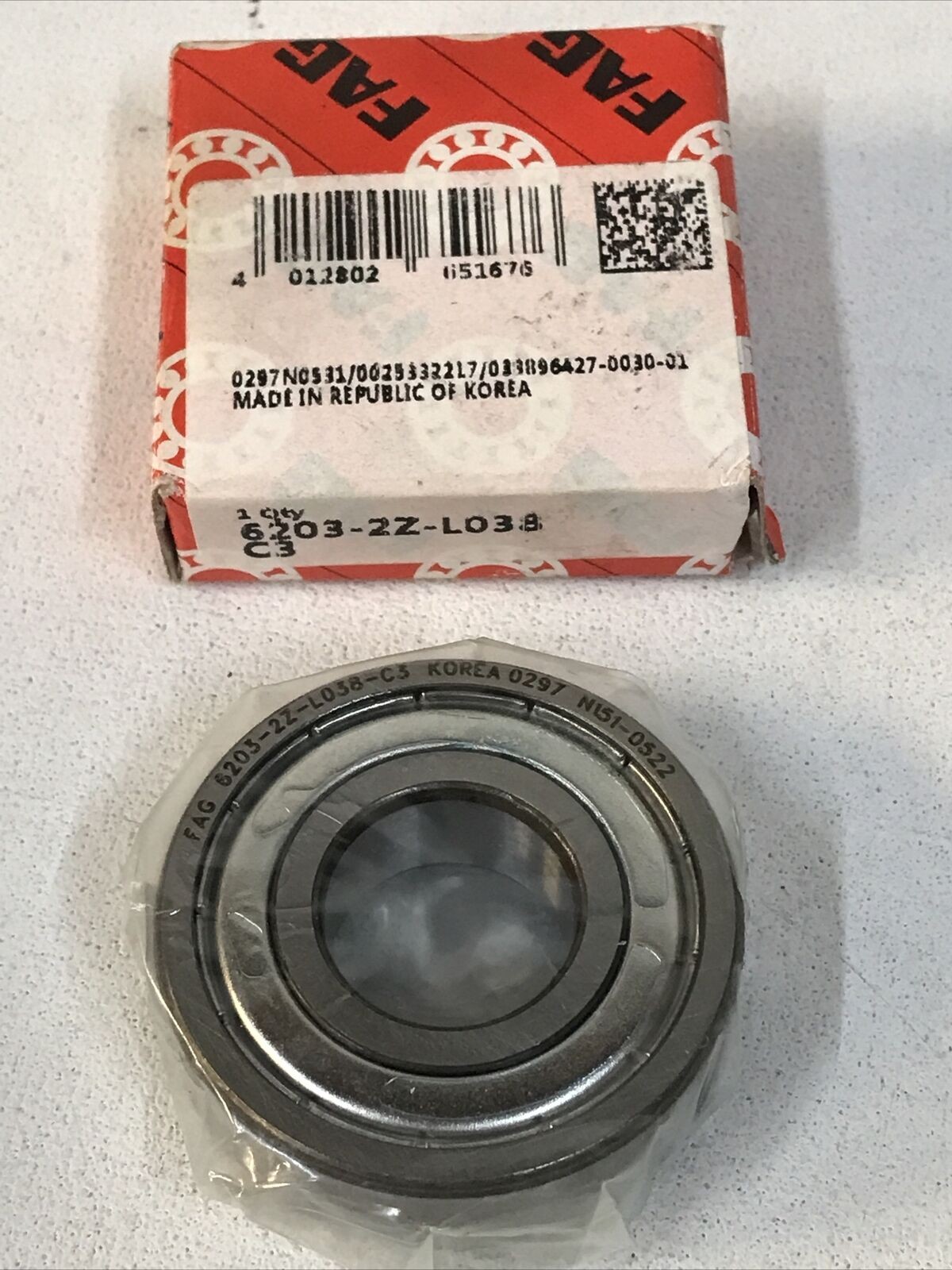 FAG 6203-2Z-L038-C3 Deep Groove Ball Bearing 40MM x 17MM x 12MM Steel Shielded
