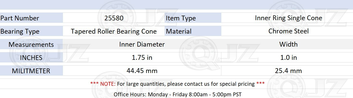 [1-Pack] 25580 Tapered Roller Inner Ring Cone 1 3/4″ (Bore) x 1.0″ (Width)