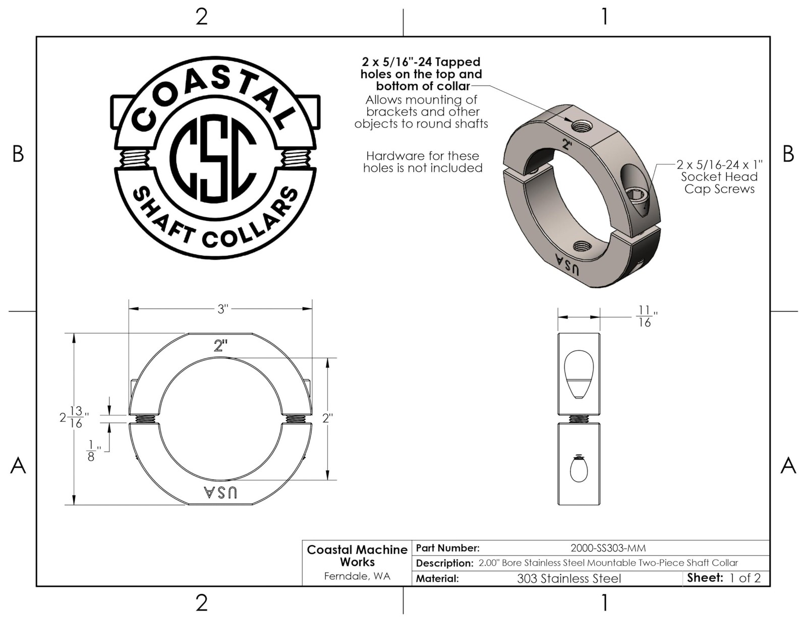 – 2.00″ Bore Diameter – Mountable Clamping Two Piece Shaft Collar –