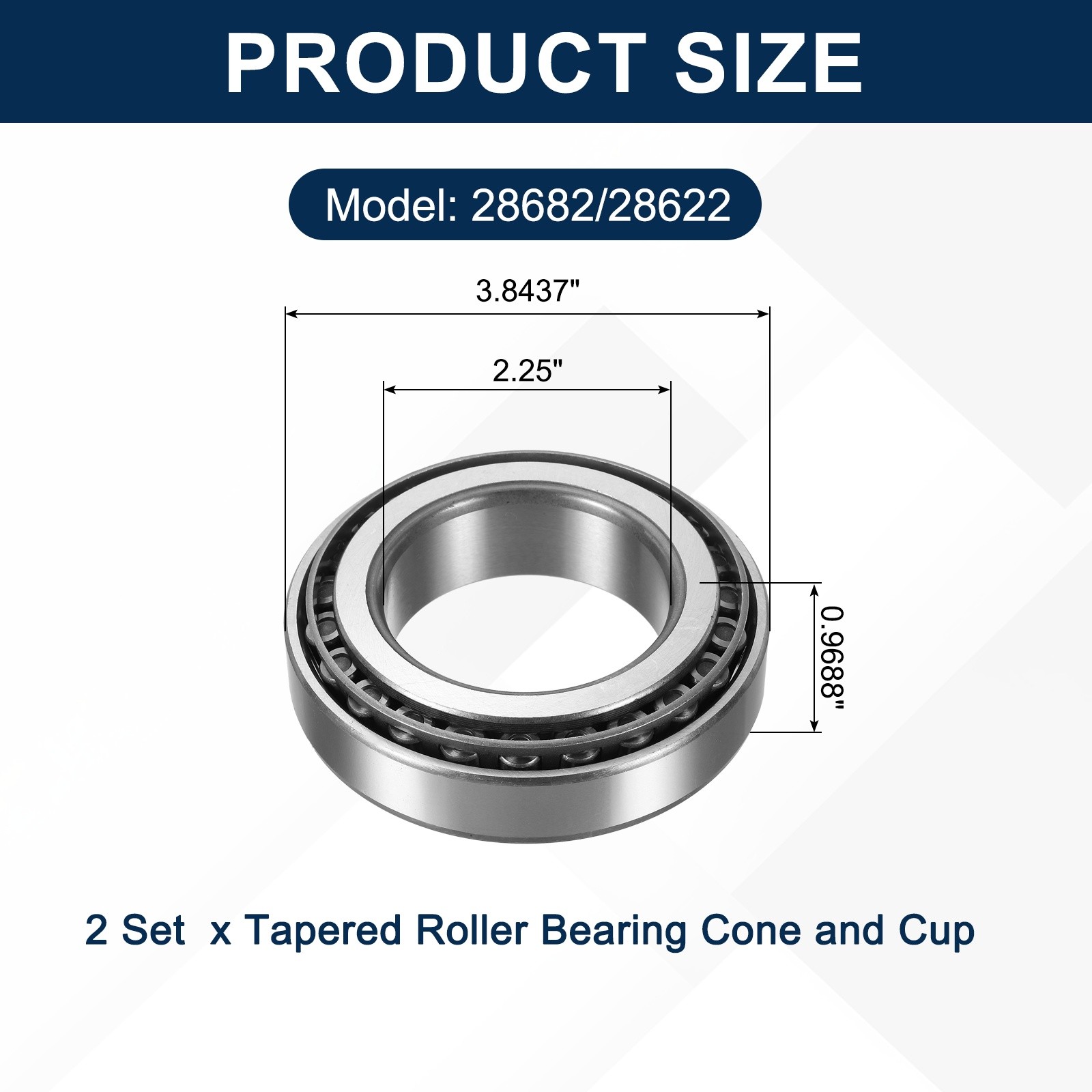 2Sets 28682/28622 Tapered Roller Bearing Cone and Cup, 2.25×3.8437×0.9688″