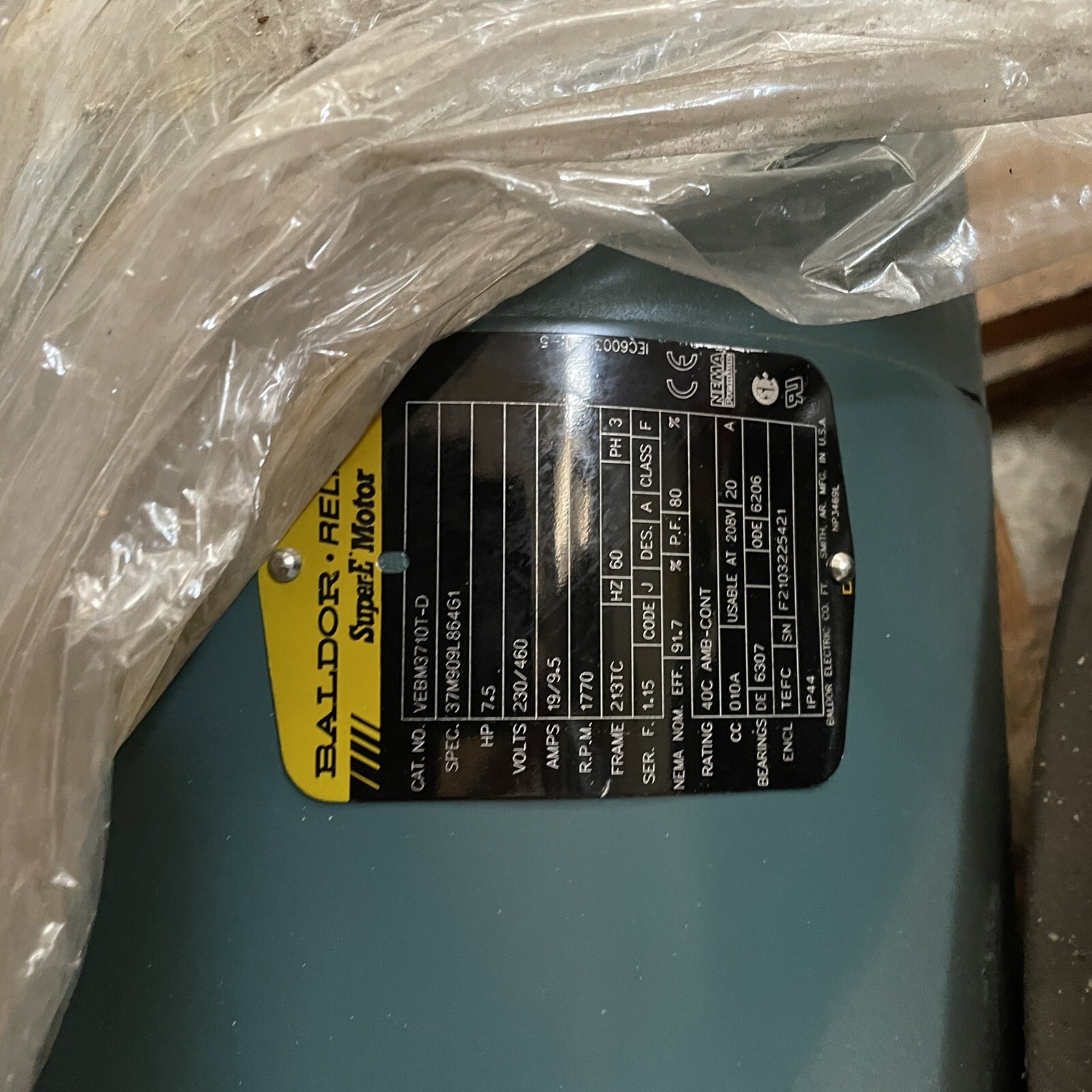 BALDOR-RELIANCE 7.5Hp, 1770Rpm, 3Ph, 60Hz, 213Tc, 3738M, Tefc, VEBM3710T-D