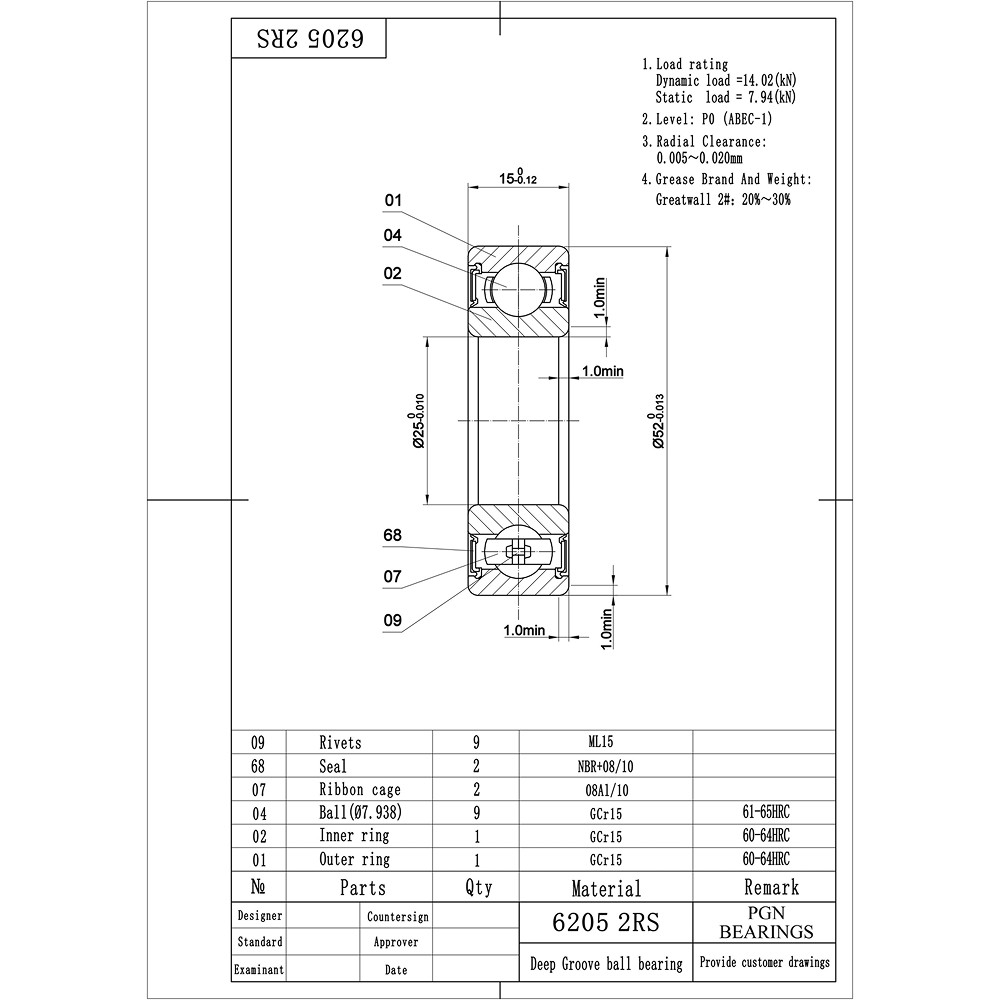 (2) 6205-2RS Premium Rubber Seal Ball Bearing C3 EMQ, 25x52x15, 6205 2RS 6205rs