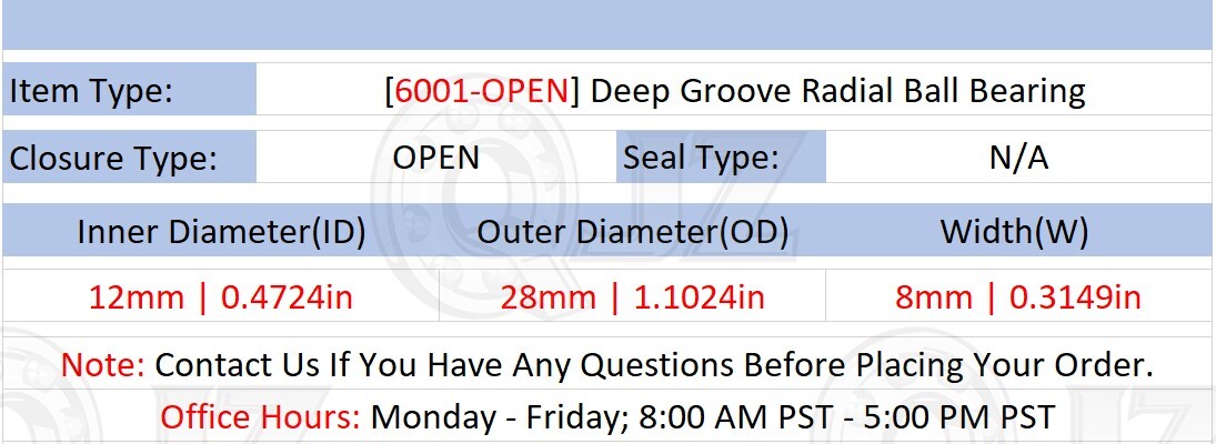 [Qty.4] 6001-OPEN Deep Groove Radial Ball Bearing [12mm Bore x 28mm OD x 8mm W]